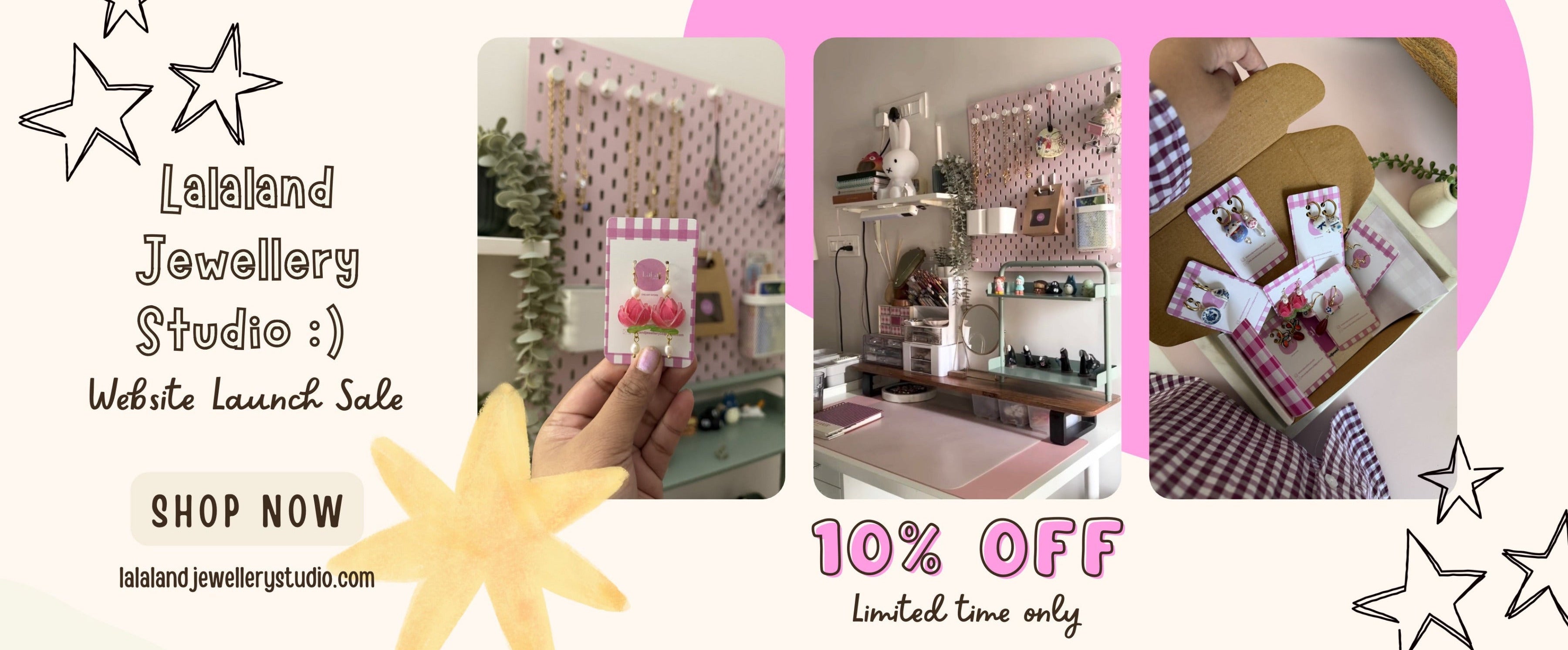 Promotional banner for Lalaland Jewellery Studio with product images and sale details.